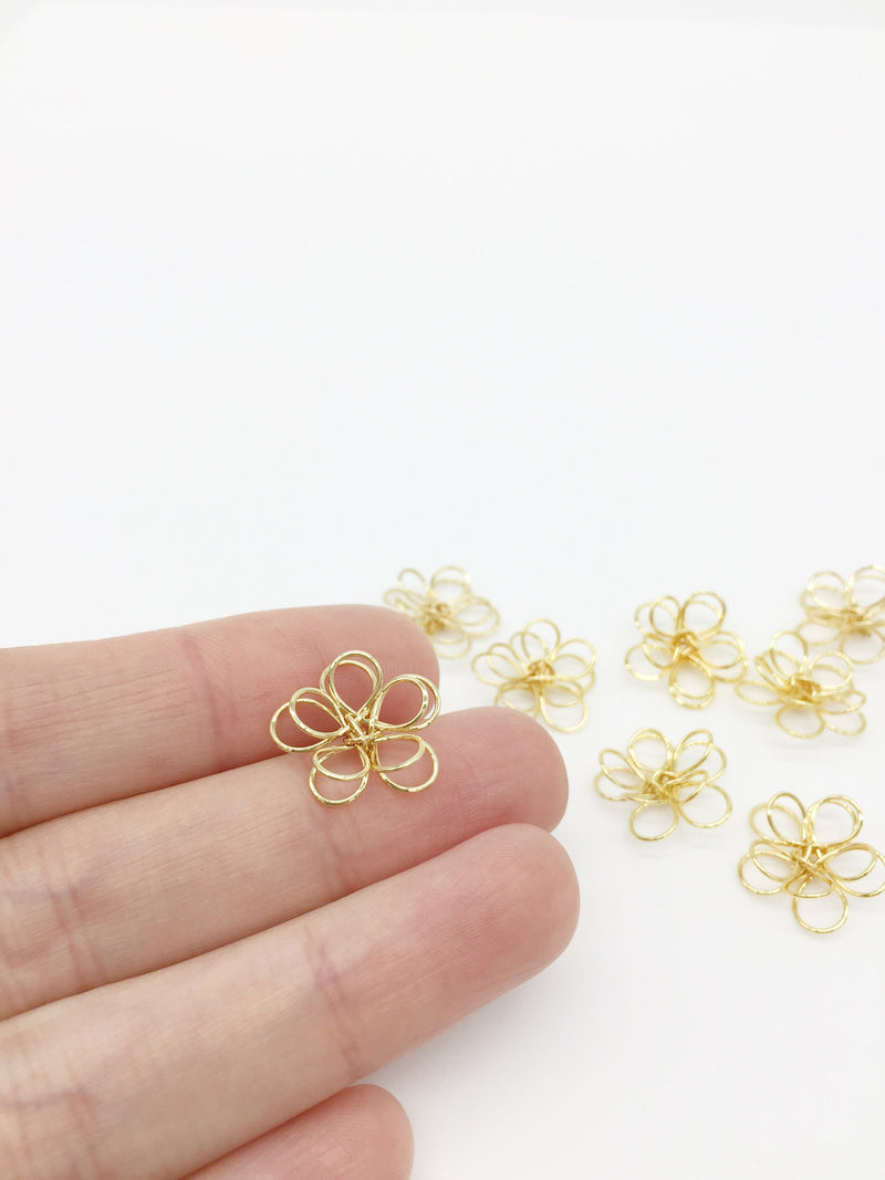 2 x 18K Gold Plated Wire Flower Links, 15-16mm (3269)