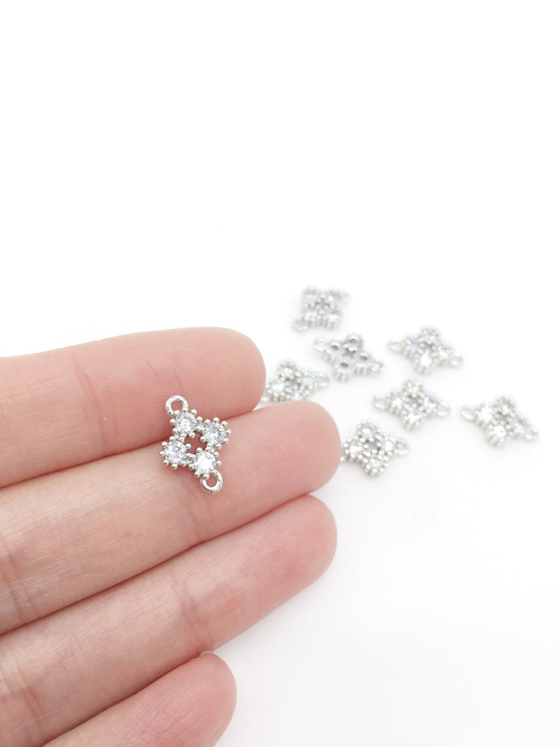 2 x Rhodium Plated Cubic Zirconia Quatrefoil Floral Connectors, 13.5x9mm (1192)