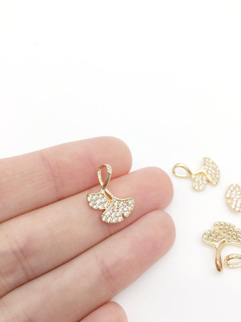 1 x Gold Plated Ginkgo Leaf Charm with Cubic Zirconia, 16x13mm (3277)