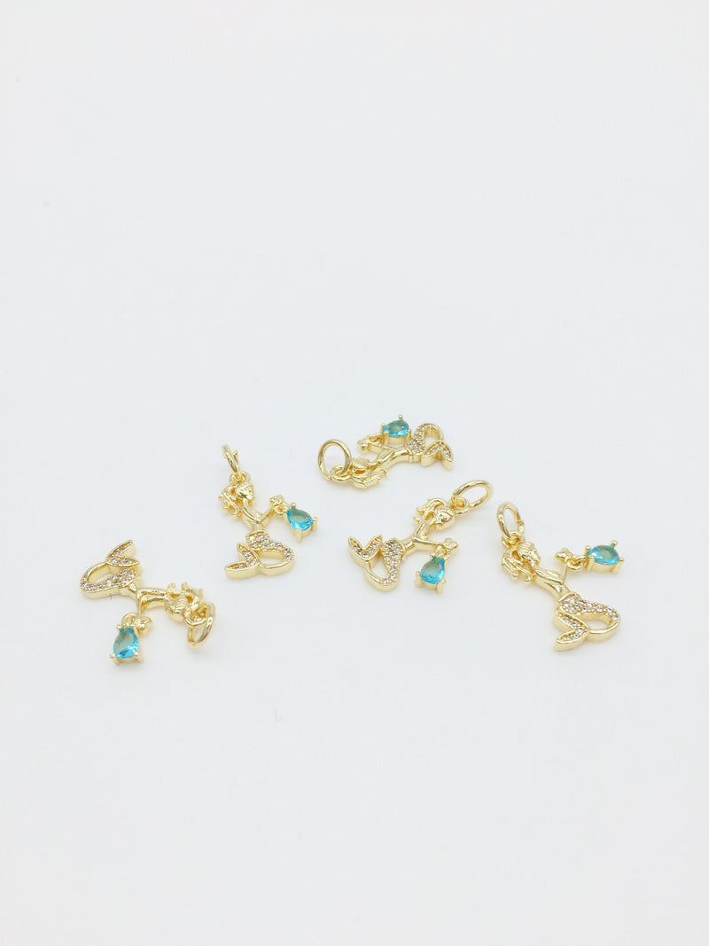 1 x 18K Gold Mermaid Charms with Cubic Zirconia, 19x12mm (3314)