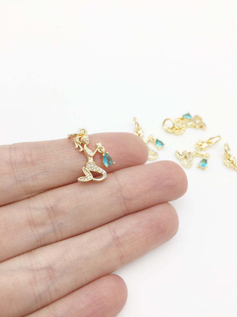 1 x 18K Gold Mermaid Charms with Cubic Zirconia, 19x12mm (3314)