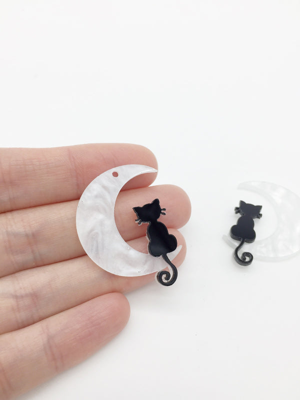 2 x Acrylic Cat on the Moon Charms, 34x26mm Halloween Moon Pendants (2422)