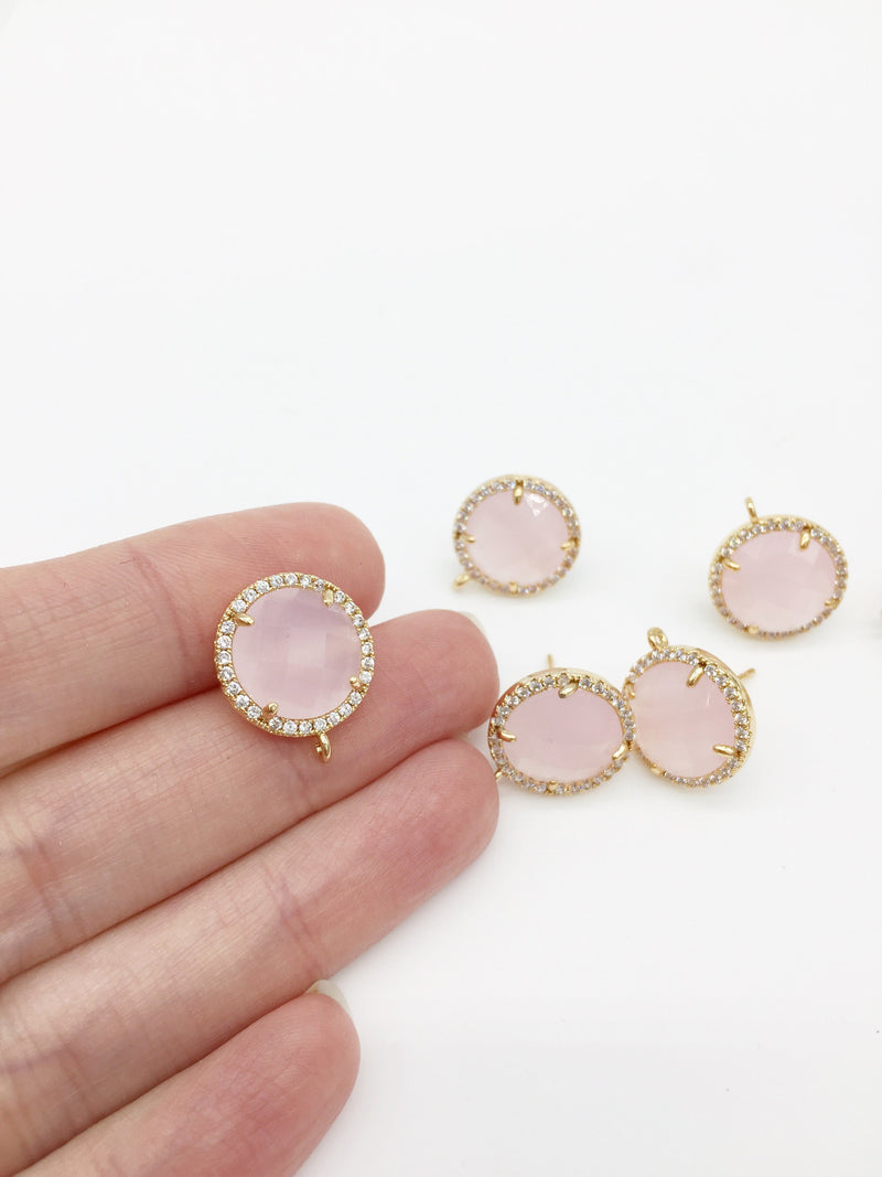 1 pair x 24K Gold Plated Pink Opal Crystal Earring Studs with Loop, 15mm (1198)