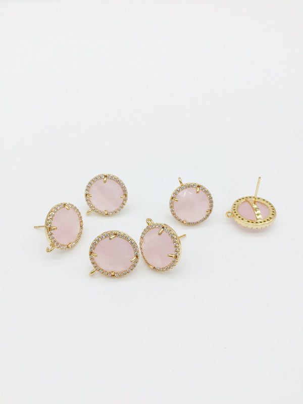 1 pair x 24K Gold Plated Pink Opal Crystal Earring Studs with Loop, 15mm (1198)