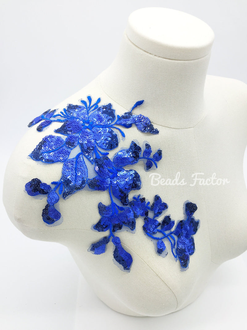 Royal Blue Beaded Lace Applique, 29x15mm