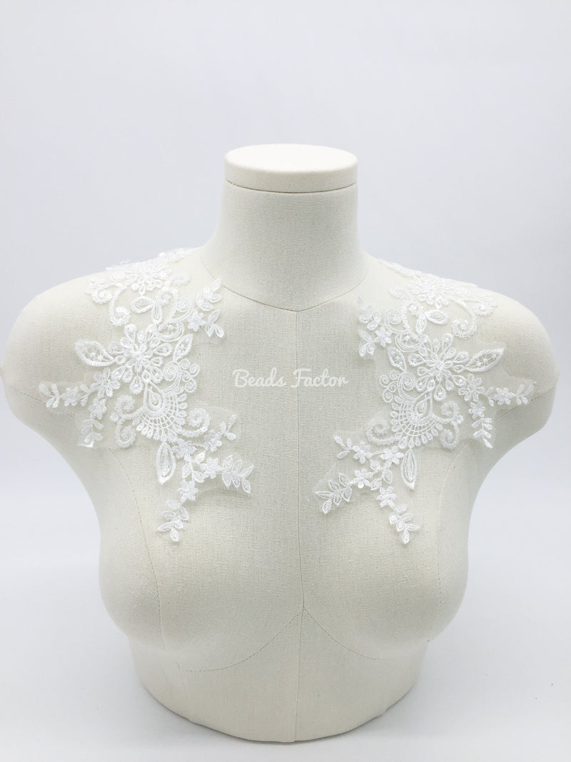 1 pair x Flower Lace Appliques, 21x13cm White Embroidery Lace Patch