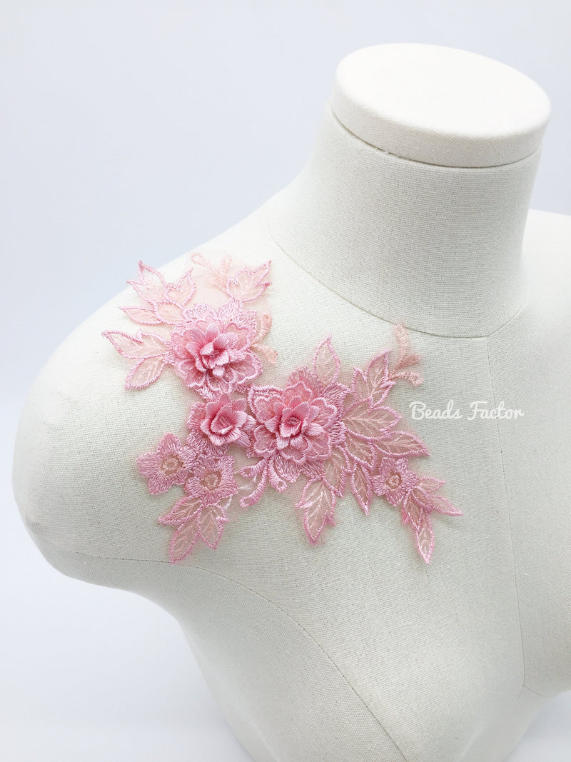 Pink Embroidery Lace Patch, 3D Flower Lace Applique