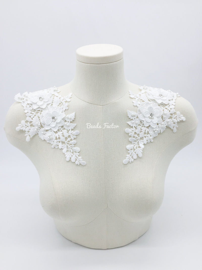 White Beaded 3D Flower Lace Applique, 26.5x13cm