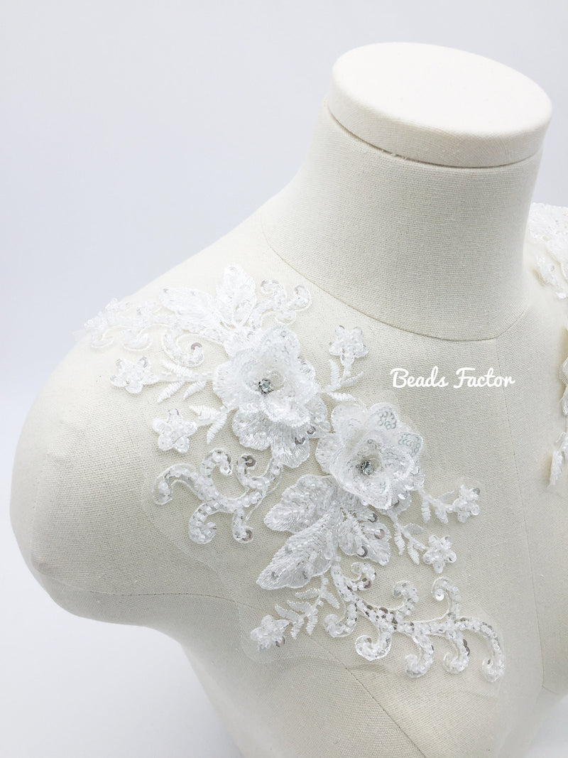 Luxury White 3D Flower Beaded Lace Applique