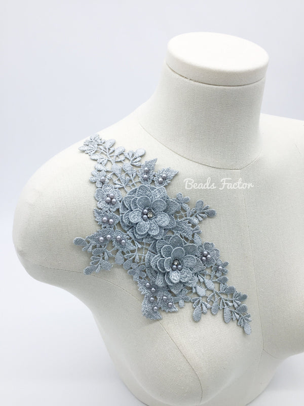 Silver Grey 3D Flower Lace Applique, 26.5x13cm Grey Embroidery Lace Patch