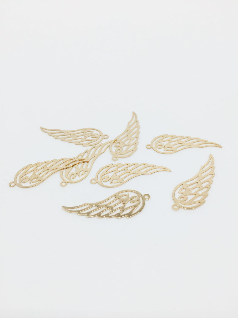 8 x Gold Plated Filigree Wing Charms, 32x13mm Etched Metal Wing Pendants (3300)