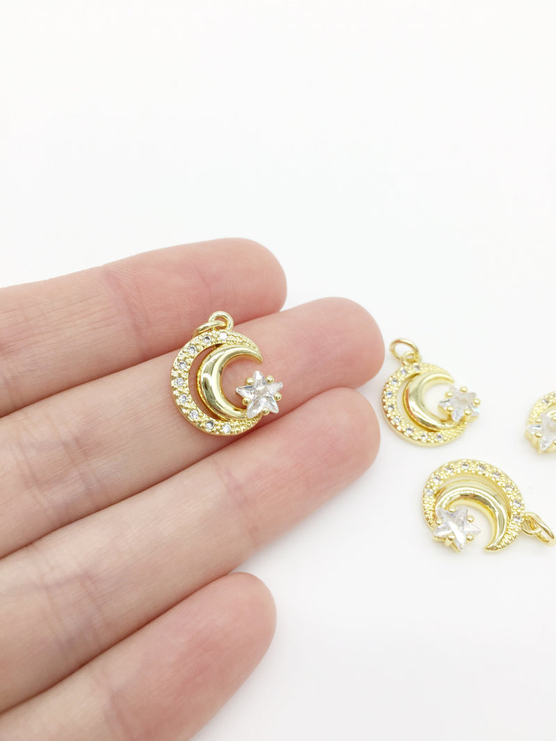 1 x 18K Gold Plated Moon and Star Pendant with Cubic Zirconia, 17x15mm (3267)