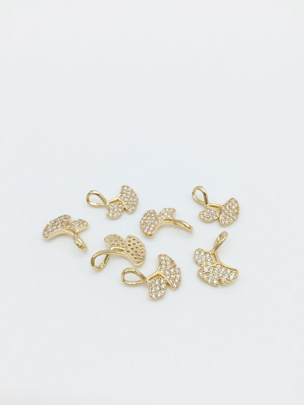 1 x Gold Plated Ginkgo Leaf Charm with Cubic Zirconia, 16x13mm (3277)