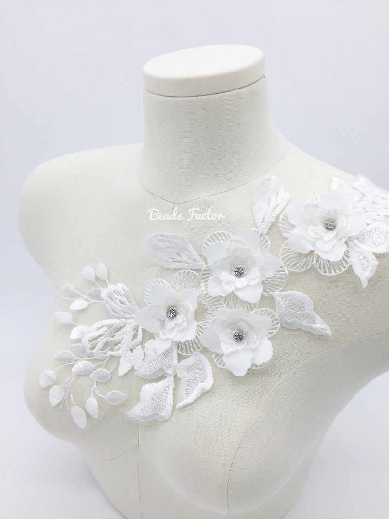 3D Flower White Embroidery Lace Applique, Embroidered Flowers Lace Patch