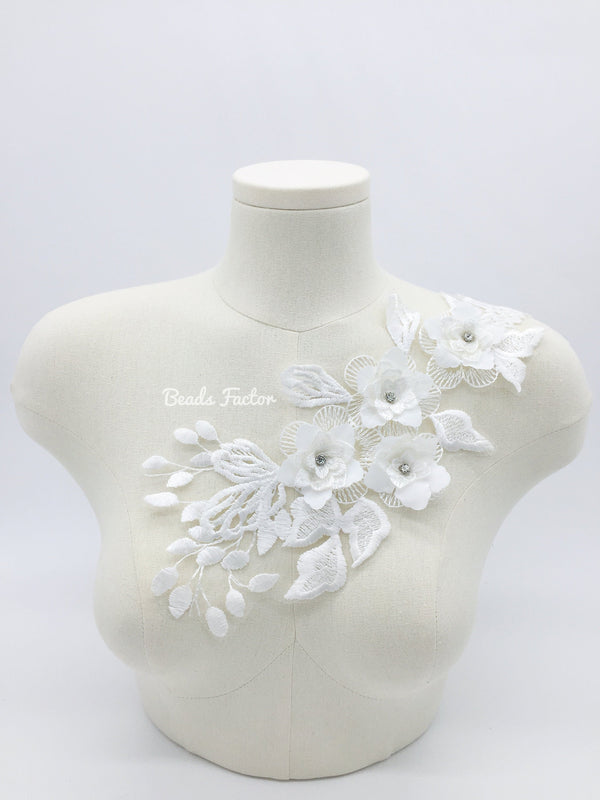 3D Flower White Embroidery Lace Applique, Embroidered Flowers Lace Patch