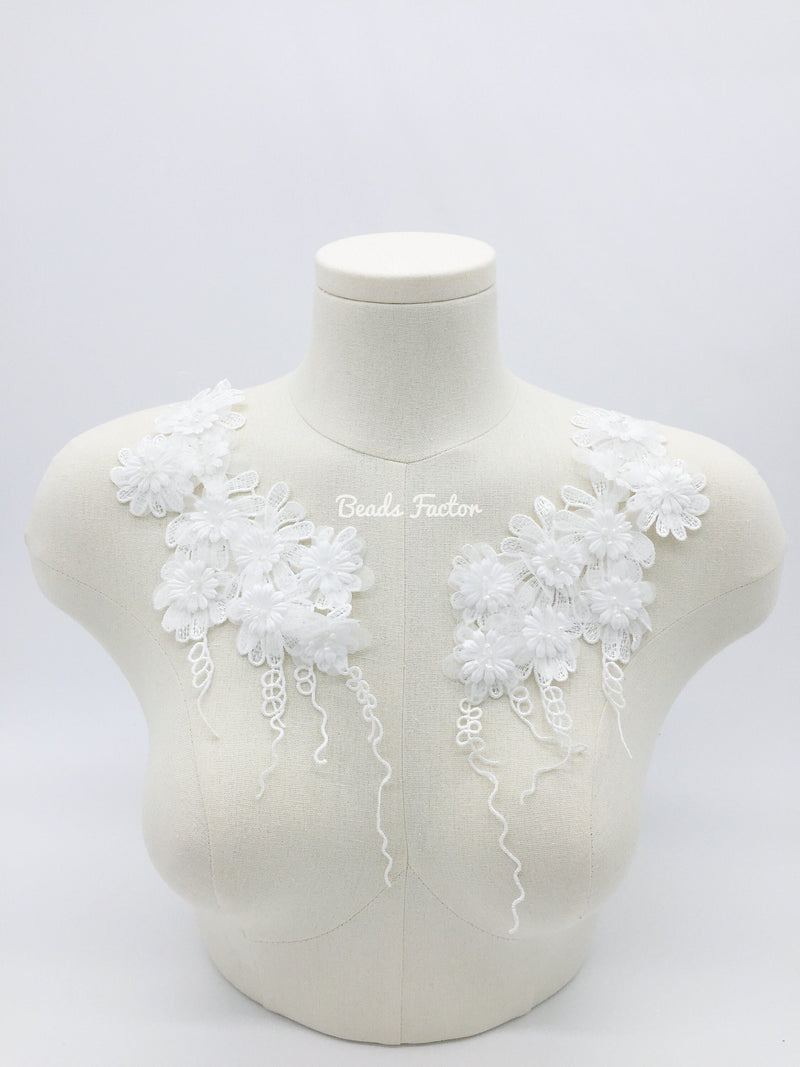 1 pair x White 3D Flower Embroidery Lace Appliques