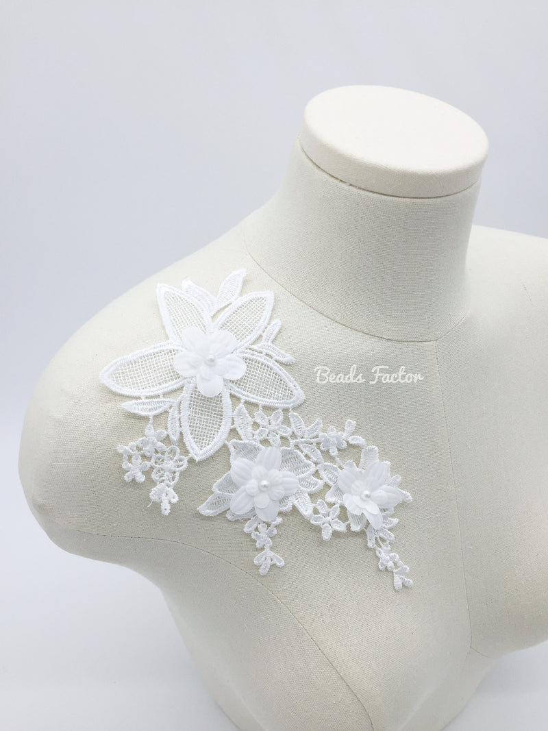 1 pair x White Flower Lace Appliques, 21x12cm Mirrored Pair 3D Flower Lace Patch