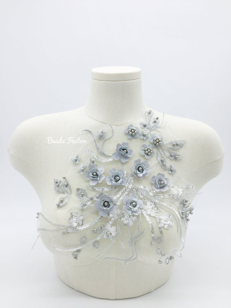 Silver 3D Flower Lace Bodice Applique, 40x30cm Silver Embroidery Lace Patch