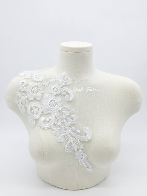 White Corded Lace Applique, 38.5x16mm Embroidered Floral Lace