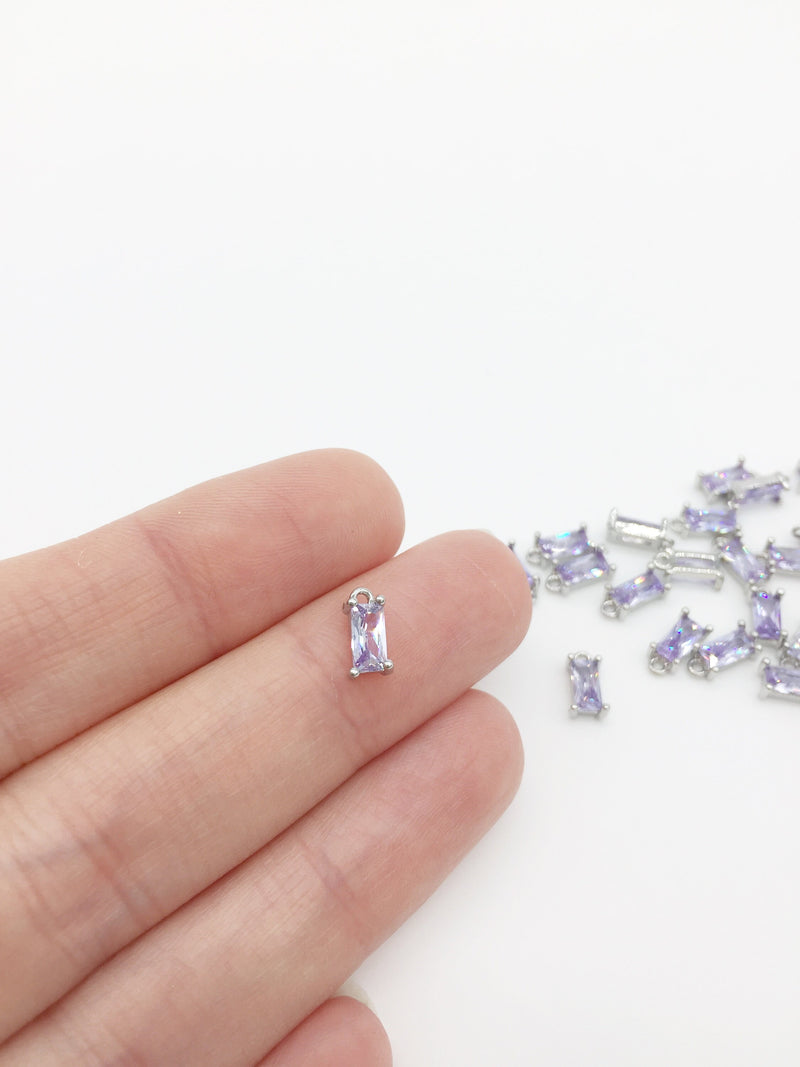 2 x Rhodium Plated Light Purple Baguette Cut Glass Charms, 4x8mm (2812)