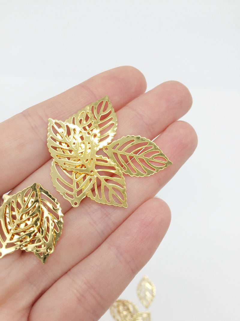 6 x Gold Filigree Leaf Pendants, 24x14mm (3289)