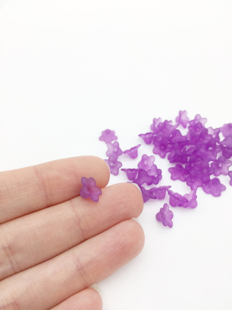 100 x Tiny Purple Flower Beads, 10x5mm Lucite Flowers (3401)