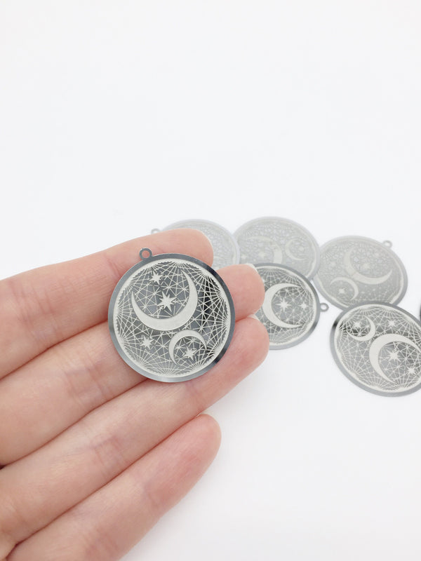 4 x Laser Cut Round Steel Moon and Stars Pendant, 32x30mm (2865)