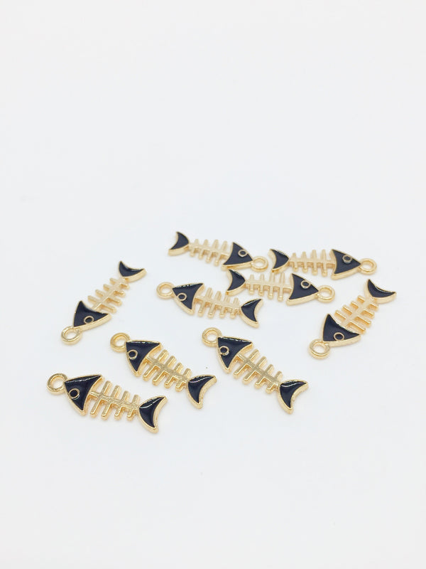 10 x Gold Fishbone Charms with Enamel, 24x8.5mm (2557)