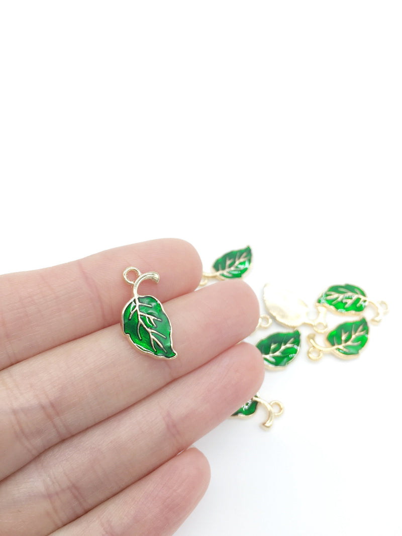 10 x Green Enamel Gold Leaf Charms, 20x10mm (2571)