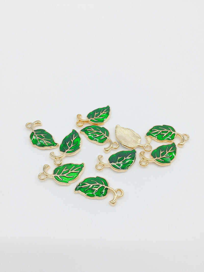 10 x Green Enamel Gold Leaf Charms, 20x10mm (2571)