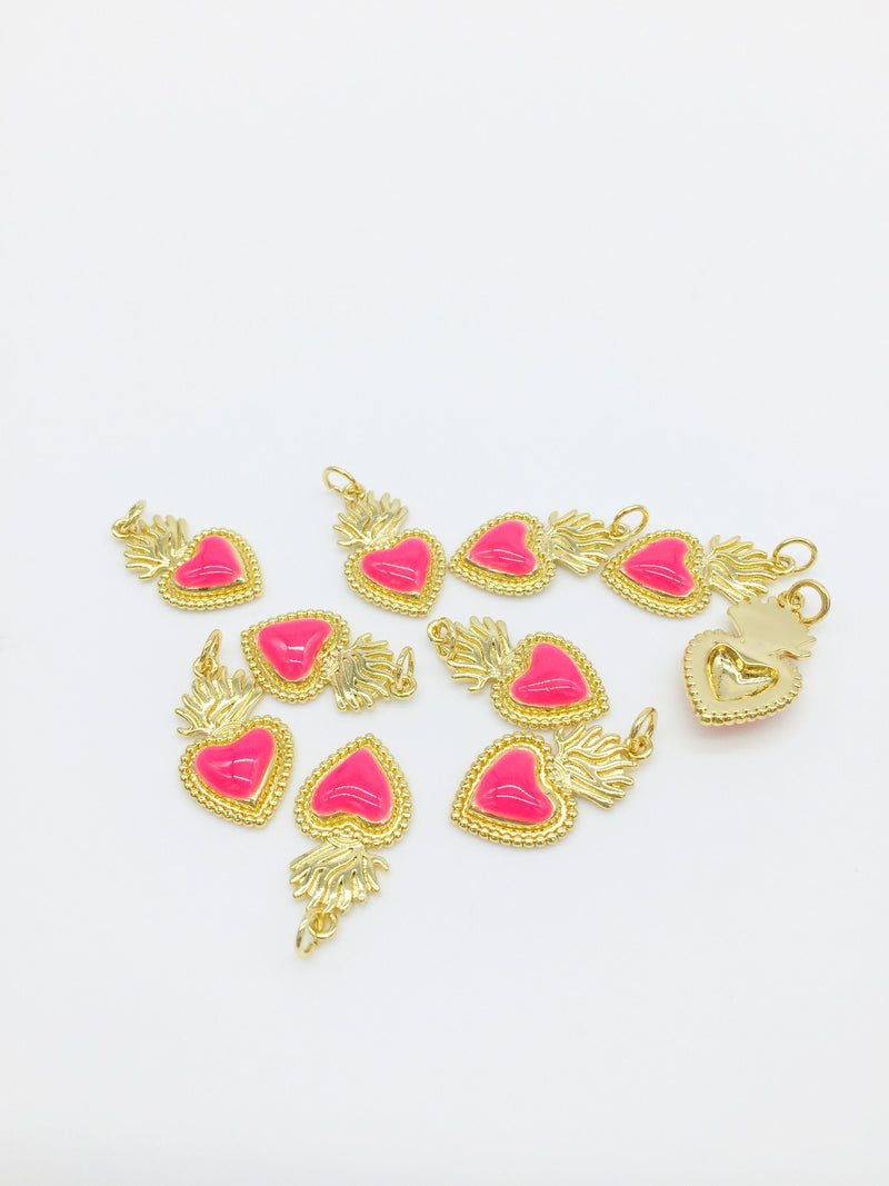 1 x 18K Gold Plated Hot Pink Enamel Sacred Heart Pendant, 22x12.5mm (2563)