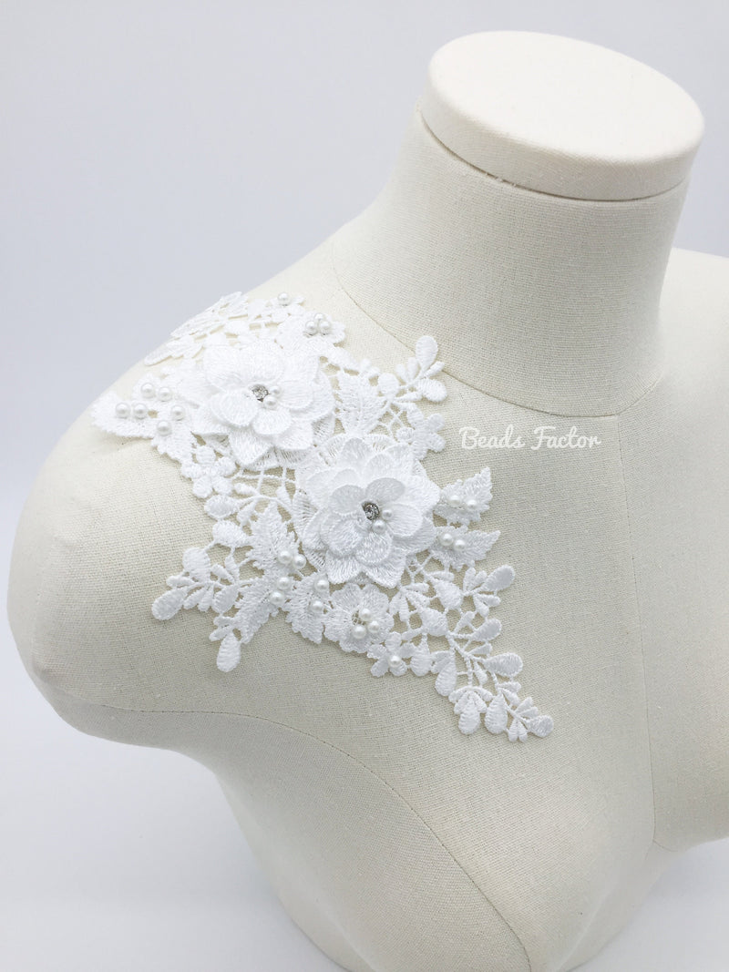 White Beaded 3D Flower Lace Applique, 26.5x13cm