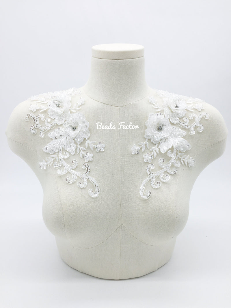 Luxury White 3D Flower Beaded Lace Applique