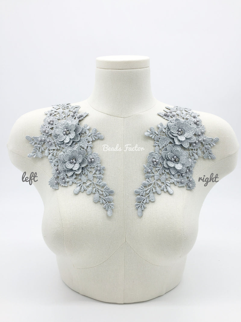 Silver Grey 3D Flower Lace Applique, 26.5x13cm Grey Embroidery Lace Patch