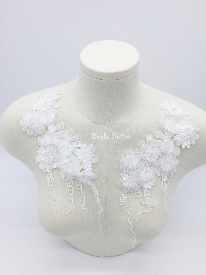 1 pair x White 3D Flower Embroidery Lace Appliques