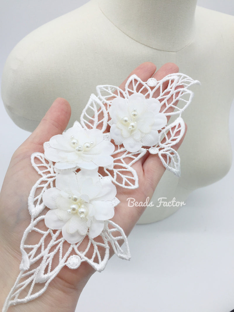 1 pair x Ivory Embroidery Lace Applique, 22.5x10cm 3D Ivory Flower Lace Patch