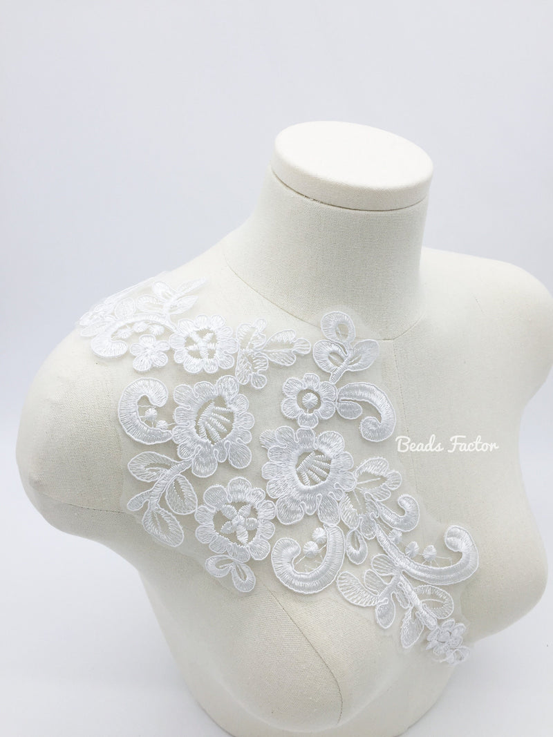 White Corded Lace Applique, 38.5x16mm Embroidered Floral Lace