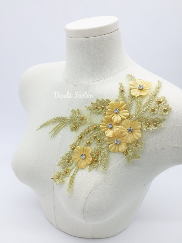 Gold Embroidery Lace Applique, 26x15.5cm 3D Flowers Patch