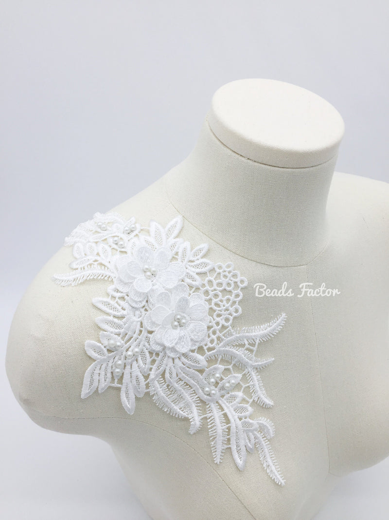 1 pair x Off-white Flower Lace Applique, 29x14cm Beaded Embroidery Lace