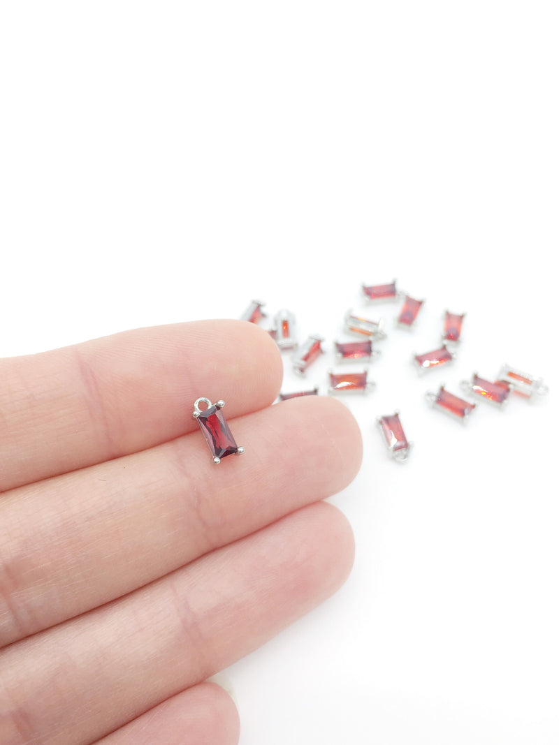 2 x Rhodium Plated Red Baguette Cut Glass Charms, 4x8mm (2813)