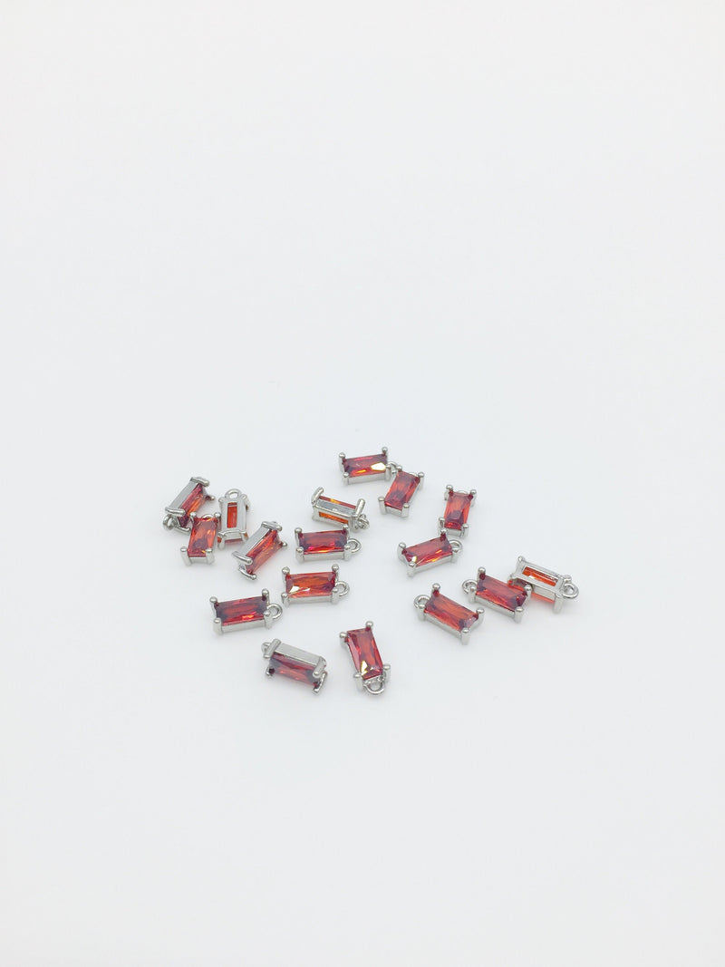 2 x Rhodium Plated Red Baguette Cut Glass Charms, 4x8mm (2813)