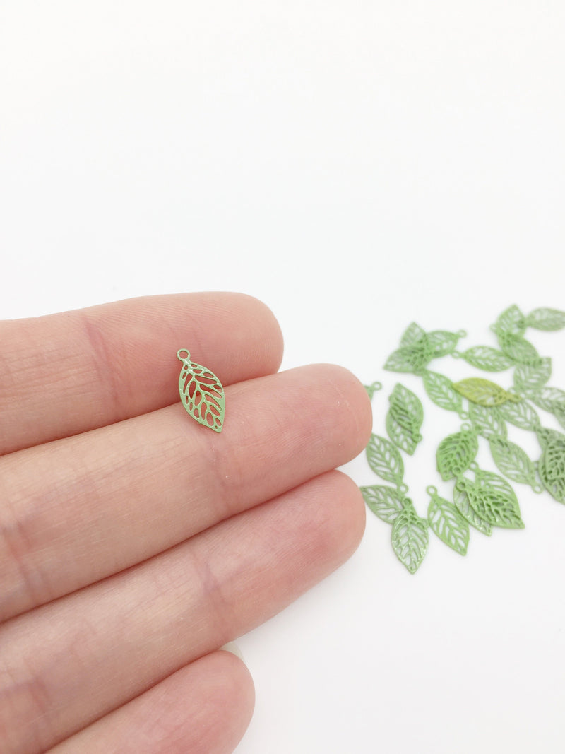 10 x Tiny Green Enamel Filigree Leaf Pendants, 11.5x5.5mm (2821)