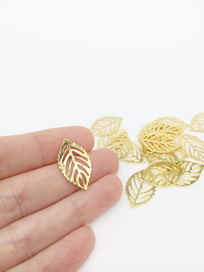 6 x Gold Filigree Leaf Pendants, 24x14mm (3289)