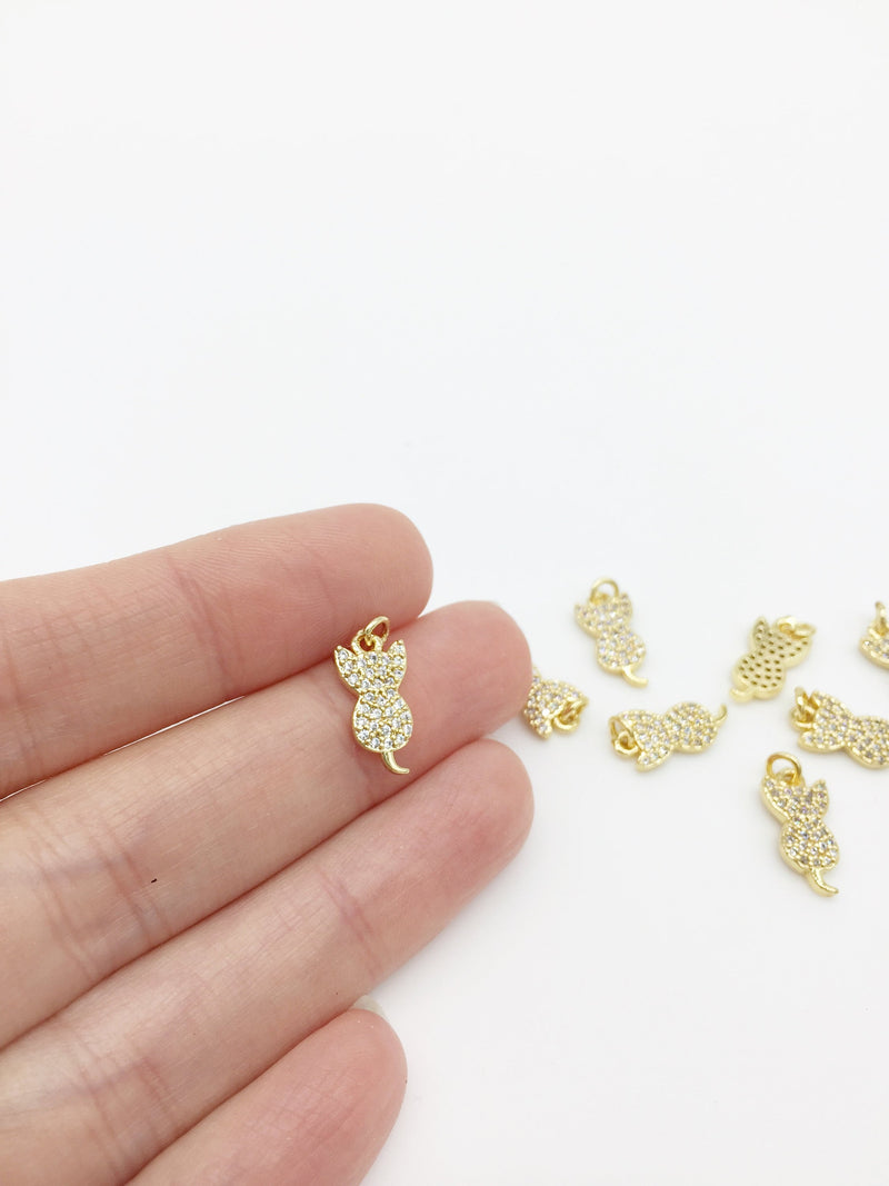 1 x 18K Gold Plated Micro Pave Cubic Zirconia Cat Charms, 14x7mm (3290)