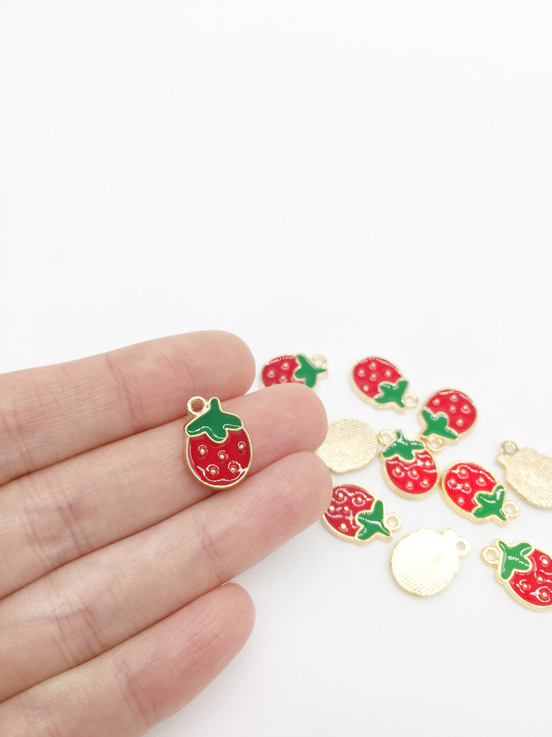 12 x Red Enamel Strawberry Charms, 16x11mm (2566)