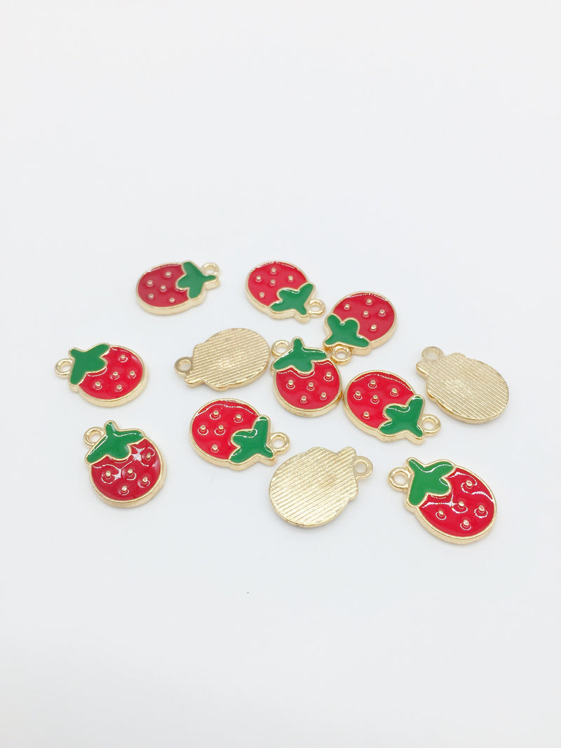 12 x Red Enamel Strawberry Charms, 16x11mm (2566)