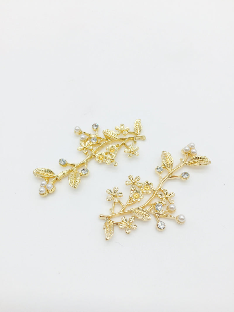 2 x Gold Flower Branch Charms, 50x24mm Crystal and Pearl Branch Embellishment (3516)