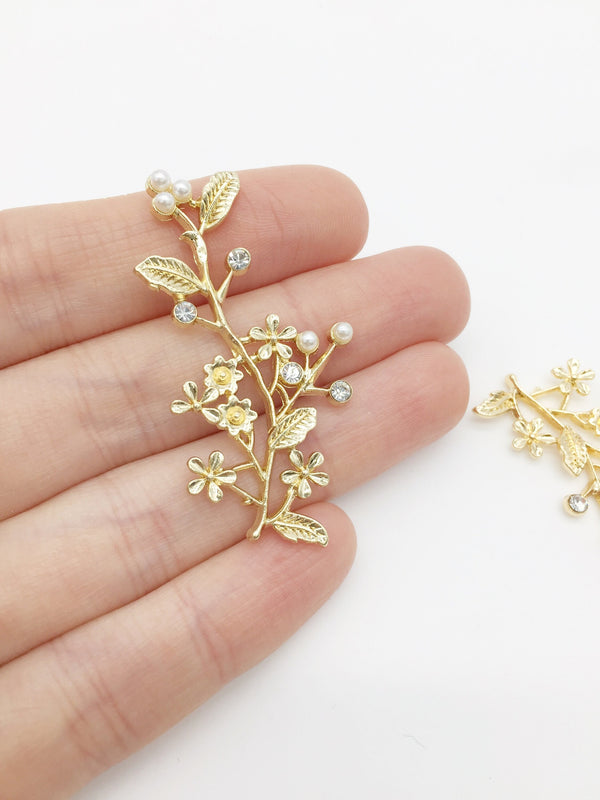 2 x Gold Flower Branch Charms, 50x24mm Crystal and Pearl Branch Embellishment (3516)