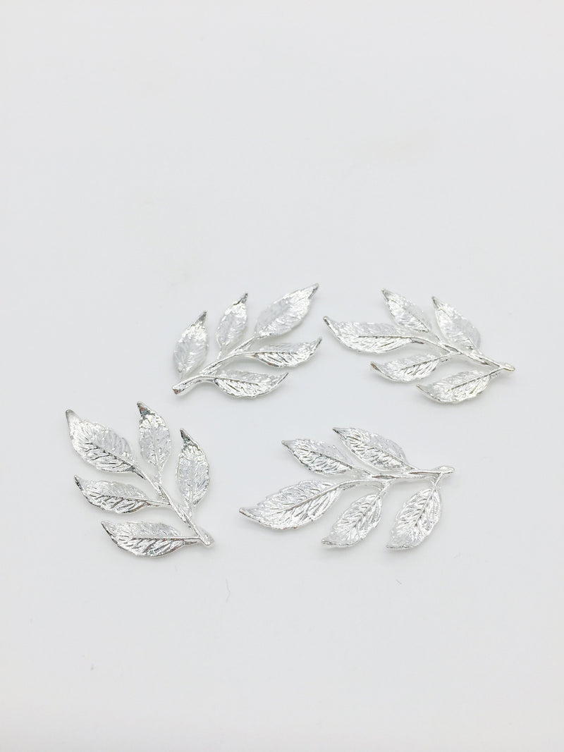 4 x Silver Plated Detailed Leaf Embellishments, 32x19mm (3513S)