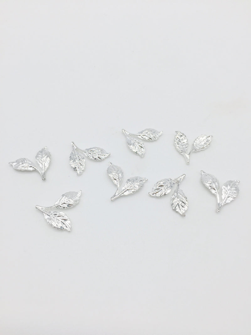 4 x Silver Double Leaf Charms, 17x17mm Silver Plated Metal Leaf Blanks (3515)